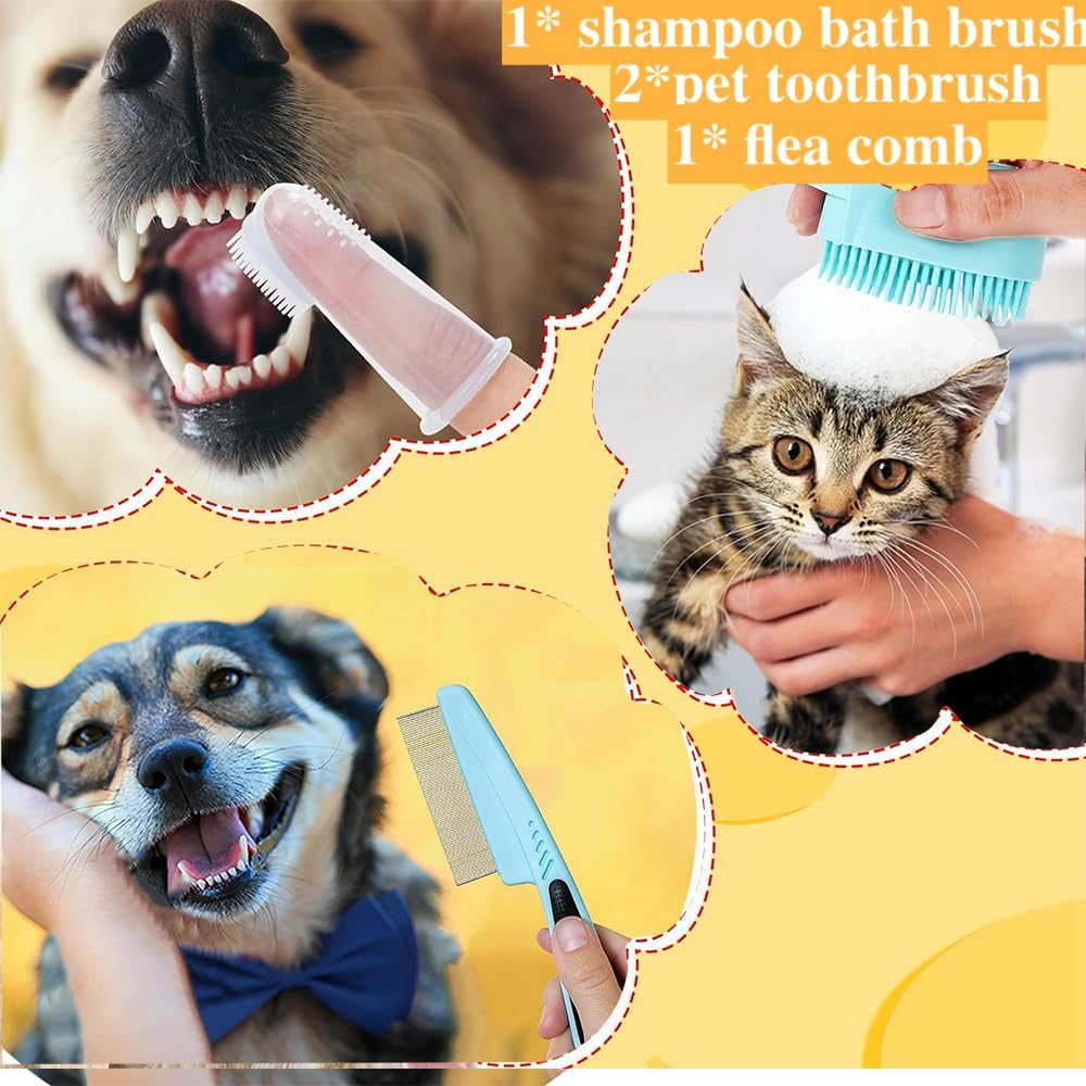 7pcs Pet Grooming Kit, Self-Cleaning Brush Shedding Kit With Nail Clipper, Flea Comb, Shampoo Bath Brush, Finger Toothbrush - Dog & You