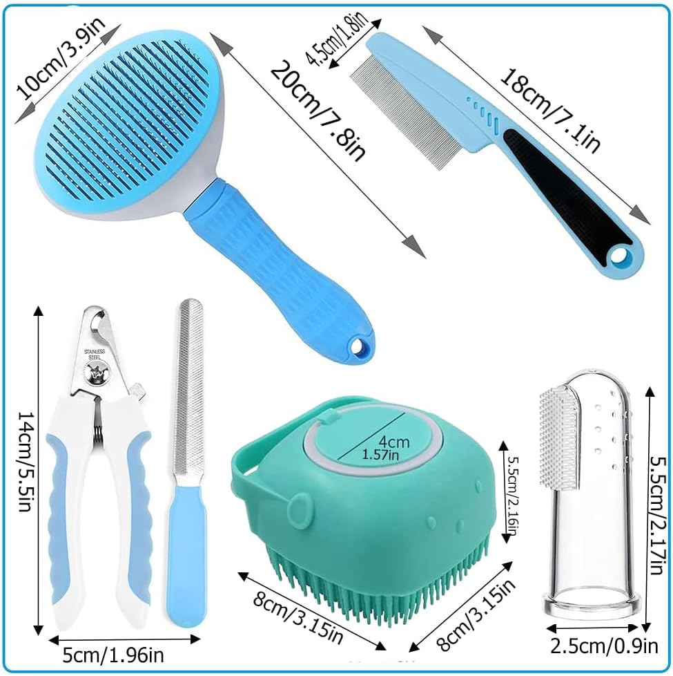 7pcs Pet Grooming Kit, Self-Cleaning Brush Shedding Kit With Nail Clipper, Flea Comb, Shampoo Bath Brush, Finger Toothbrush - Dog & You