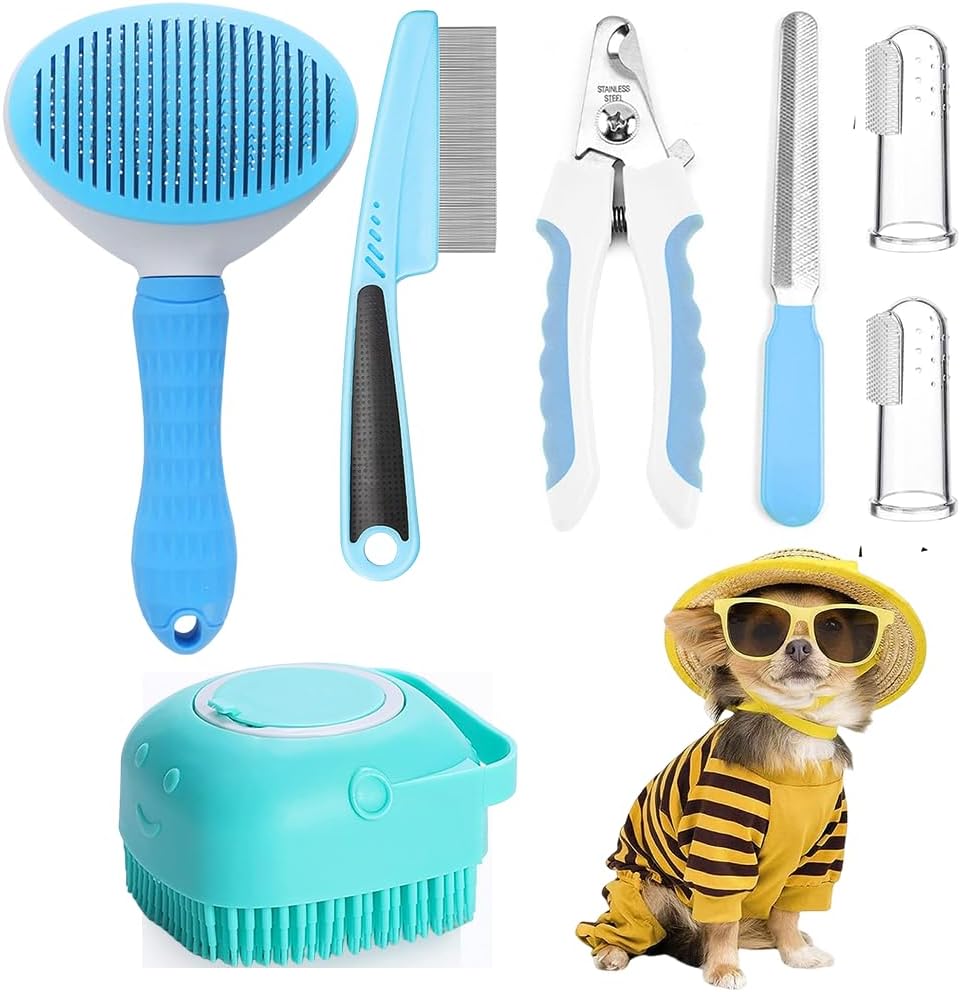7pcs Pet Grooming Kit, Self-Cleaning Brush Shedding Kit With Nail Clipper, Flea Comb, Shampoo Bath Brush, Finger Toothbrush - Dog & You